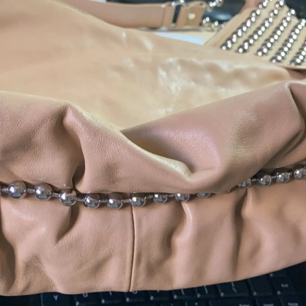 G series camel faux leather hobo purse with large silver decorative studs